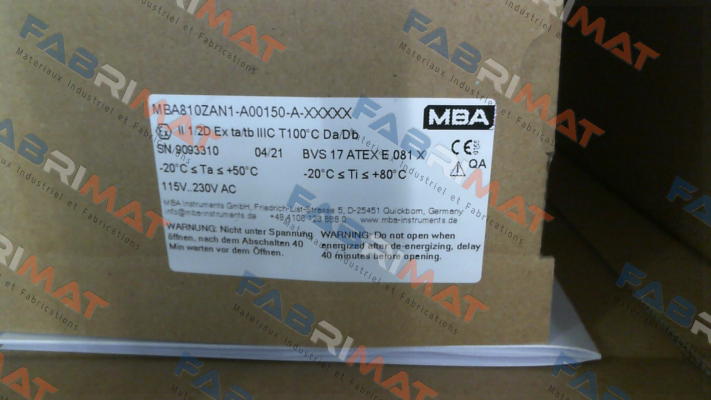 MBA810ZAN1-A00150-A-XXXXX (1213568) MBA Instruments