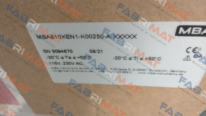 MBA810XEN1-K00250-A-XXXXX MBA Instruments