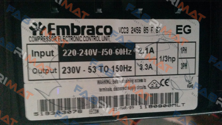 VCC3 2456 85 F 67 Embraco