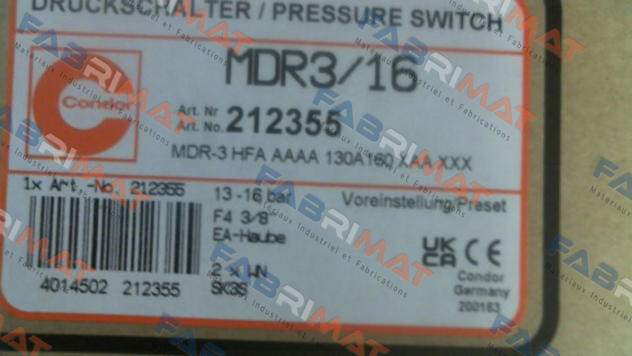 P/N: 212355 Type: MDR-3 HFA AAAA 130A160 XAA XXX Condor